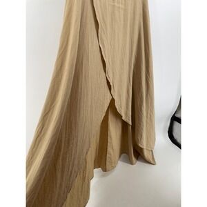 Western Boho High Low Maxi Skirt Womens 2 Tan Linen Blend Cottagecore Coastal